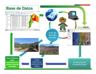 Base de Datos 
Espacial 
Presentación 
Cartografía 
Institucional 
Huertos de 
Paltos GeoINIA 
Instituto de 
Investigaciones 
Agropecuarias - INIA 
Zonas Óptimas 
para 
Localización de 
nuevos Huertos 
de Paltos 
Zonas 
Restrictivas 
plantación de 
Paltos 
Toma de 
Decisión 
Agrícola 
Visualización de 
Cartografía Digital 
 