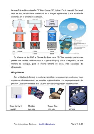 la superficie está erosionada (“1” lógico) o no (“0” lógico). En el caso del Blu-ray el
láser es azul, de ahí viene su nombre. En la imagen siguiente se puede apreciar la
diferencia en el tamaño de la erosión.
En el caso de los DVD y Blu-ray de doble capa “DL” las unidades grabadoras
poseen dos láseres: uno enfocado a la primera capa y otro a la segunda; de esa
manera se consigue, para el mismo tamaño de disco, más capacidad de
almacenaje.
Disqueteras
Son unidades de lectura y escritura magnética, se encuentran en desuso, cuyo
soporte de almacenamiento es extraíble y generalmente con empaquetamiento de
plástico. Los cuatro modelos más usuales son los que aparecen a continuación:
Disco de 3 y ½
1,44MB
Minidisc
640 MB
Super Disc
120 MB
Zip
120MB
Fco. Javier Arteaga Cardineau farc0001@gmail.com Página 15 de 24
 