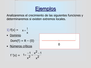 Ejemplos
2x
12x
2x
1
1




x
x
1

Analizaremos el crecimiento de las siguientes funciones y
determinaremos si existen extremos locales.
1) f(x) =
• Dominio
Dom(f) = R – {0}
• Números críticos
f ’(x) =

0
 