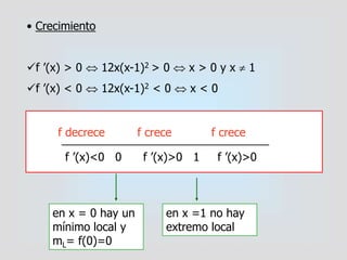 • Crecimiento
f ’(x) > 0  12x(x-1)2 > 0  x > 0 y x  1
f ’(x) < 0  12x(x-1)2 < 0  x < 0
f ’(x)<0 0 f ’(x)>0 1 f ’(x)>0
f decrece f crece f crece
en x = 0 hay un
mínimo local y
mL= f(0)=0
en x =1 no hay
extremo local
 