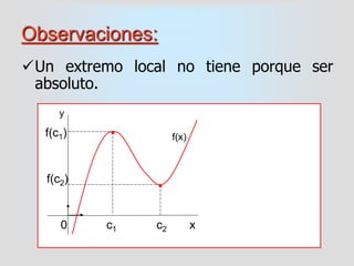 Observaciones:
Un extremo local no tiene porque ser
absoluto.
 f(c1) es un máximo
local, no absoluto.
 f(c2) es un mínimo
local, no absoluto
0 c1 c2 x
y
f(c1)
f(c2)


f(x)
 