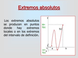 Extremos absolutos
Los extremos absolutos
se producen en puntos
donde hay extremos
locales o en los extremos
del intervalo de definición.



a b
x
0
c
m=
f(c)
M=
f(b)
y
f(x)
 