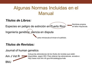 Algunas Normas Incluidas en el
Manual
Títulos de Libros:
Especies en peligro de extinción en Puerto Rico

Nombres propios
en letra mayúscula.

Ingeniería genética: ciencia en disputa
Letra minúscula al iniciar el subtítulo.

Títulos de Revistas:
Journal of human genetics
Am J Vet R
BMJ

Incluya las abreviaturas de los títulos de revistas que estén
disponibles, según ISO. Para obtener las abreviaturas, acceda a:
http://www.ncbi.nlm.nih.gov/nlmcatalog/journals

 