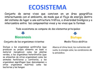 ECOSISTEMA
Conjunto de seres vivos que conviven en un área geográfica
interactuando con el ambiente, de modo que el flujo de energía dentro
del sistema da lugar a una estructura trófica, a diversidad biológica y a
intercambio entre los componentes vivos y no vivos que lo forman
Todo ecosistema se compone de dos elementos principales:
Conjunto de los organismos vivientes
Biocenosis Biotopo
Medio físico abiótico
Incluye a los organismos autótrofos (que
producen su propio alimento en base a
material inorgánico) como las plantas
verdes, a los organismos heterótrofos (que
se alimentan de otros organismos) como los
animales herbívoros y carnívoros, y los
organismos saprófagos (que descomponen a
otros organismos muertos) como las
bacterias y los hongos
Abarca el clima local, los nutrientes del
suelo, la energía solar, las condiciones de
la atmósfera
 