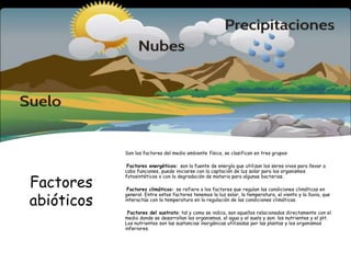 Factores
abióticos
Son los factores del medio ambiente físico, se clasifican en tres grupos:
Factores energéticos: son la fuente de energía que utilizan los seres vivos para llevar a
cabo funciones, puede iniciarse con la captación de luz solar para los organismos
fotosintéticos o con la degradación de materia para algunas bacterias.
Factores climáticos: se refiere a los factores que regulan las condiciones climáticas en
general. Entre estos factores tenemos la luz solar, la temperatura, el viento y la lluvia, que
interactúa con la temperatura en la regulación de las condiciones climáticas.
Factores del sustrato: tal y como se indica, son aquellos relacionados directamente con el
medio donde se desarrollan los organismos, el agua y el suelo y son: los nutrientes y el pH.
Los nutrientes son las sustancias inorgánicas utilizadas por las plantas y los organismos
inferiores.
 