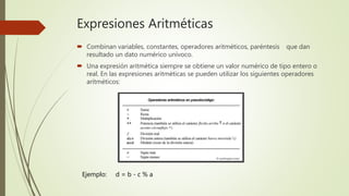 Expresiones Aritméticas
 Combinan variables, constantes, operadores aritméticos, paréntesis que dan
resultado un dato numérico unívoco.
 Una expresión aritmética siempre se obtiene un valor numérico de tipo entero o
real. En las expresiones aritméticas se pueden utilizar los siguientes operadores
aritméticos:
Ejemplo: d = b - c % a
 