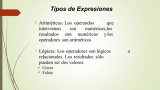 Tipos de Expresiones
Aritméticas: Los operandos
intervienen son numéricos,
resultados son numéricos y
operadores son aritméticos
que
los
los
➲
Lógicas: Los operadores son lógicos
relacionales. Los resultados sólo
pueden ser dos valores:
o➲
Cierto
Falsto
●
●
 