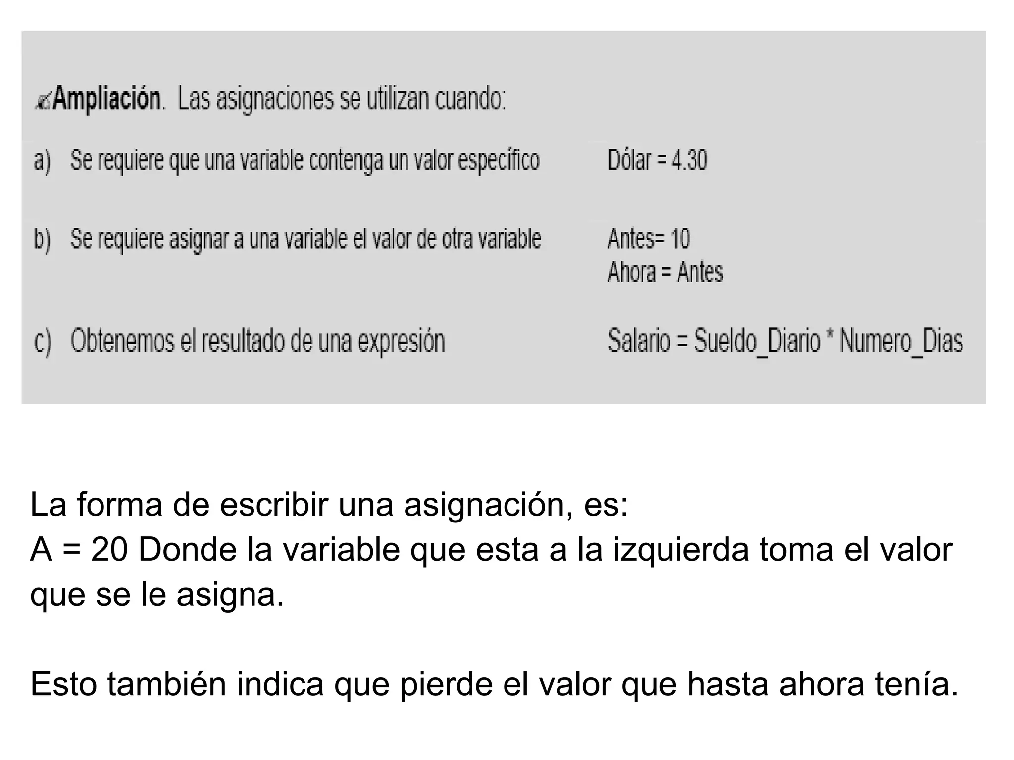 La forma de escribir una asignación, es: A = 20 Donde la variable que esta a la izquierda toma el valor  que se le asigna. Esto también indica que pierde el valor que hasta ahora tenía. 