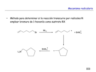 Mecanismo radicalario
• Método para determinar si la reacción transcurre por radicales R:
emplear bromuro de 1-hexenilo como sustrato RX
Br
MLn
+ BrMLn
BrMLn
LnM
103
 