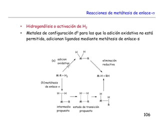 Reacciones de metátesis de enlace-s
• Hidrogenólisis o activación de H2
• Metales de configuración d0 para los que la adición oxidativa no está
permitida, adicionan ligandos mediante metátesis de enlace-s
106
 