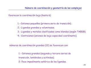 24
Número de coordinación y geometría de los complejos
favorecen la coordinación baja (hasta 6)
1.- Cationes pequeños (primera serie de transición).
2.- Ligandos grandes y voluminosos.
3.- Ligandos y metales clasificados como blandos (según TABDB).
4.- Contraiones (aniones de baja capacidad coordinante).
números de coordinación grandes (12) se favorecen con:
1.- Cationes grandes (segunda y tercera series de
transición, lantánidos y actínidos).
2- Poco impedimento estérico de los ligandos.
 