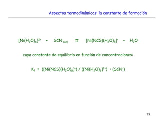 29
[Ni(H2O)6]2+ + SCN-
(ac)  [Ni(NCS)(H2O)5]+ + H2O
cuya constante de equilibrio en función de concentraciones:
Kf = ([Ni(NCS)(H2O)5]+) / ([Ni(H2O)6]2+) • (SCN-)
Aspectos termodinámicos: la constante de formación
 