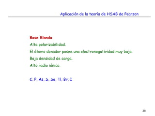 38
Base Blanda
Alta polarizabilidad.
El átomo donador posee una electronegatividad muy baja.
Baja densidad de carga.
Alto radio iónico.
C, P, As, S, Se, Tl, Br, I
Aplicación de la teoría de HSAB de Pearson
 