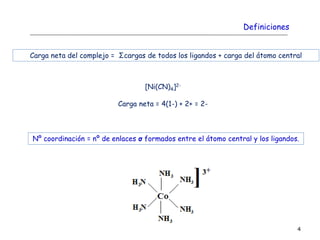 4
Carga neta del complejo = Σcargas de todos los ligandos + carga del átomo central
[Ni(CN)4]2-
Carga neta = 4(1-) + 2+ = 2-
Nº coordinación = nº de enlaces σ formados entre el átomo central y los ligandos.
Definiciones
 