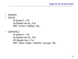 Regla de los 18-electrones
• Ejemplos:
• [Cp2Fe]
Fe (grupo 8  d8)
Cp (ligando tipo XL2, 5 e)
NEV = 8 (Fe) + 2x5(Cp) = 18e
• [CpFe(CO)2]-
Fe (grupo 8  d8)
Cp (ligando tipo XL2, 5 e)
CO (ligando tipo L, 2 e)
NEV = 8(Fe) + 5(Cp) + 2x2(CO) + 1(carga) = 18e
71
 