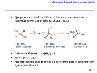Adiciones tricéntricas o concertadas
• Ejemplo más estudiado: adición oxidativa de H2 a especies plano-
cuadradas de metales d8 como [IrCl(CO)(PPh3)2]
• Cinética de 2º orden: v = k[MLn][A-B]
• S < 0 (~ -20 u.e.)
• Poca dependencia de la polaridad del disolvente; pueden acelerarse por
ligandos donadores s
91
16e, Ir(I) 18e, Ir(I) 18e, Ir(III)
plano-cuadrado bipirámide trigonal Octaédrica
 