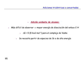 95
Adiciones tricéntricas o concertadas
 Adición oxidante de alcanos:
 Más difícil de observar  mayor energía de disociación del enlace C-H
 G > 0 (8 kcal mol-1) para el complejo de Vaska
 Se necesita partir de especies de 16 e de alta energía
 