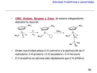 Adiciones tricéntricas o concertadas
• 1982, Graham, Bergman y Jones, de manera independiente
descubre la reacción
• Orden reactividad enlace C-H contrario a la abstracción de H
radicalaria: C-H primario > C-H secundario > C-H terciario
• C-H aromático se adiciona más rápidamente que C-H alifático
96
 