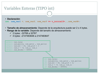 Variables Enteras (TIPO int)
• Declaración:
int nom_var1 <, nom_var2, nom_var3 <= v_inicial3>,…,nom_varN>;
• Tamaño de almacenamiento: Depende de la arquitectura puede ser 2 o 4 bytes.
• Rango de la variable: Depende del tamaño de almacenamiento
 2 bytes: -32768 a 32767
 4 bytes: -2147483648 a 2147483647
entero: num_vacas
entero: num_perros, num_gatos , num_gallos
entero: num_est = 45, num_prof = 3
entero: num_x = -9, num_y, num_z
entero: num_deudas = 400000
int num_vacas;
int num_perros, num_gatos , num_gallos;
int num_est = 45, num_prof = 3;
int num_x = -9, num_y, num_z;
int num_deudas = 400000;
 