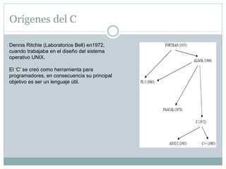 Orígenes del C
Dennis Ritchie (Laboratorios Bell) en1972,
cuando trabajaba en el diseño del sistema
operativo UNIX.
El ‘C’ se creó como herramienta para
programadores, en consecuencia su principal
objetivo es ser un lenguaje útil.
 