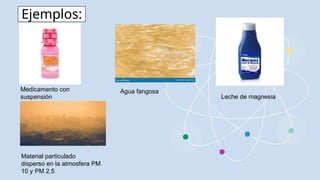 Ejemplos:
Medicamento con
suspensión
Agua fangosa
Leche de magnesia
Material particulado
disperso en la atmosfera PM
10 y PM 2.5
 
