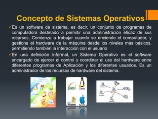 Concepto de Sistemas OperativosEs un software de sistema, es decir, un conjunto de programas de computadora destinado a permitir una administración eficaz de sus recursos. Comienza a trabajar cuando se enciende el computador, y gestiona el hardware de la máquina desde los niveles más básicos, permitiendo también la interacción con el usuario