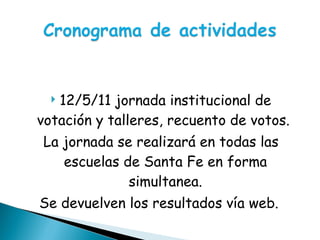12/5/11 jornada institucional de votación y talleres, recuento de votos.  La jornada se realizará en todas las escuelas de Santa Fe en forma simultanea. Se devuelven los resultados vía web.  