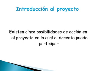Existen cinco posibilidades de acción en el proyecto en la cual el docente puede participar  