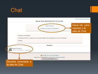 Chat
Hacer clic para
ingresar a la
sala de Chat
Docente conectada a
la sala de Chat.
 