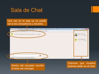 Sala de Chat
Columna que muestra
quienes están en el chat.Dentro del recuadro escribir
el texto del mensaje.
Una vez en la sala ya se puede
ver a los compañeros y docente.
 