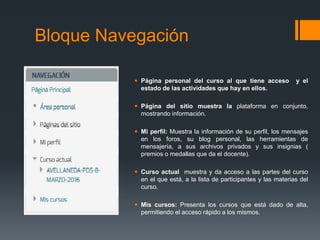 Bloque Navegación
 Página personal del curso al que tiene acceso y el
estado de las actividades que hay en ellos.
 Página del sitio muestra la plataforma en conjunto,
mostrando información.
 Mi perfil: Muestra la información de su perfil, los mensajes
en los foros, su blog personal, las herramientas de
mensajería, a sus archivos privados y sus insignias (
premios o medallas que da el docente).
 Curso actual muestra y da acceso a las partes del curso
en el que está, a la lista de participantes y las materias del
curso.
 Mis cursos: Presenta los cursos que está dado de alta,
permitiendo el acceso rápido a los mismos.
 