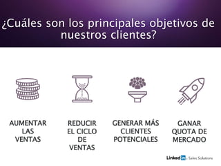 AUMENTAR
LAS
VENTAS
¿Cuáles son los principales objetivos de
nuestros clientes?
REDUCIR
EL CICLO
DE
VENTAS
GENERAR MÁS
CLIENTES
POTENCIALES
GANAR
QUOTA DE
MERCADO
 