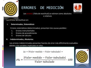 ERRORES DE MEDICIÓN
Los errores ( falta de exactitud) se estiman como absolutos
o relativos
Los errores se clasifican en:
I. Determinados, Sistemáticos
II. Indeterminados, Aleatorios
Errores sistemáticos (determinados), presentan tres causas posibles:
1. Errores instrumentales
2. Errores de procedimiento
3. Errores de cálculos
Los errores indeterminados presentan fuentes de error más difícilmente evaluables
debido a las variables implicadas en ellos.
 
