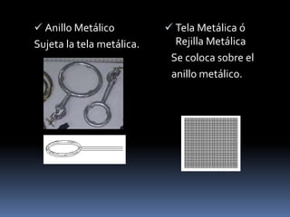  Anillo Metálico
Sujeta la tela metálica.
 Tela Metálica ó
Rejilla Metálica
Se coloca sobre el
anillo metálico.
 