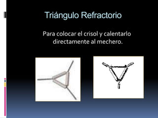 Triángulo Refractorio
Para colocar el crisol y calentarlo
directamente al mechero.
 