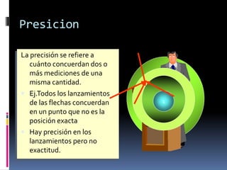 La precisión se refiere a
cuánto concuerdan dos o
más mediciones de una
misma cantidad.
 Ej.Todos los lanzamientos
de las flechas concuerdan
en un punto que no es la
posición exacta
 Hay precisión en los
lanzamientos pero no
exactitud.
1
Presicion
 