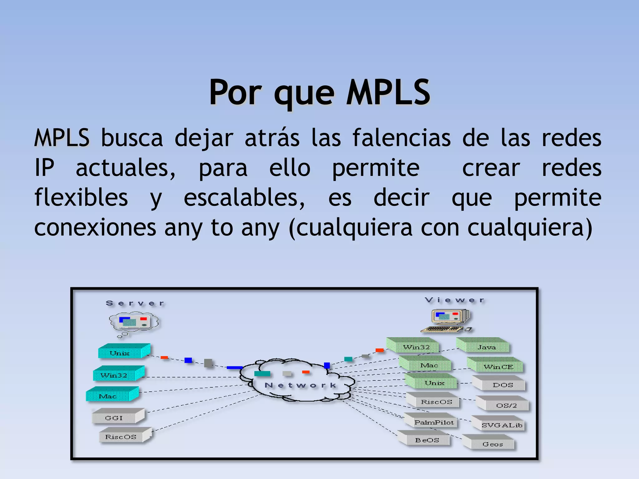 Por que MPLS
MPLS busca dejar atrás las falencias de las redes
IP actuales, para ello permite       crear redes
flexibles y escalables, es decir que permite
conexiones any to any (cualquiera con cualquiera)
 
