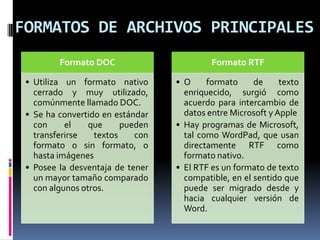 FORMATOS DE ARCHIVOS PRINCIPALES
Formato DOC

Formato RTF

• Utiliza un formato nativo
cerrado y muy utilizado,
comúnmente llamado DOC.
• Se ha convertido en estándar
con
el
que
pueden
transferirse
textos
con
formato o sin formato, o
hasta imágenes
• Posee la desventaja de tener
un mayor tamaño comparado
con algunos otros.

• O
formato
de
texto
enriquecido, surgió como
acuerdo para intercambio de
datos entre Microsoft y Apple
• Hay programas de Microsoft,
tal como WordPad, que usan
directamente RTF como
formato nativo.
• El RTF es un formato de texto
compatible, en el sentido que
puede ser migrado desde y
hacia cualquier versión de
Word.

 