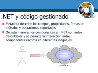 .NET y código gestionado
 Metadata describe los campos, propiedades, firmas de
  métodos y operaciones soportadas
 De esta manera, los componentes en .NET son auto-
  describibles y se permite la interacción entre
  componentes escritos en diferentes lenguajes.
 