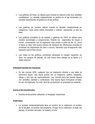  Las gráficas de línea, se utilizan para mostrar la relación entre dos variables 
cuantitativas. La variable independiente se grafica en el eje horizontal y la 
variable dependiente se grafica en el eje vertical. 
 Las gráficas de barrase utilizan cuando la variable independiente es 
categórica. Cada barra sólida horizontal o vertical representa un tipo de 
dato. 
 Las gráficas circulares (o de pastel), o gráficas de 100% se utilizan para 
mostrar porcentajes y proporciones. Ordene los segmentos de mayor a 
menor, comenzando con el segmento más amplio a partir de las 12, como 
si fuera un reloj. Una buena manera de destacar las diferencias consiste en 
sombrear los segmentos de claro a oscuro, haciendo que el segmento más 
pequeño sea el más oscuro. 
 Las notas en las gráficas comienzan alineadas al margen izquierdo, es 
decir sin sangría de párrafo, en una nueva línea debajo de la figura y a 
doble espacio. 
PRESENTACIÓN DE FIGURAS: 
 En las normas APA, cualquier tipo de ilustración distinta a una tabla se 
denomina figura. Una figura puede ser un diagrama, gráfica, fotografía, 
dibujo u otro tipo de representación. Las normas para las buenas figuras 
son sencillez, claridad y continuidad. Una buena figura Enriquece el texto, 
en vez de duplicarlo. Es más fácil de comprender su propósito es evidente. 
ESTILO DE ESCRITURA: 
 Escriba el documento utilizando un lenguaje impersonal 
PORTADA: 
 La portada fundamentalmente lleva el nombre de la institución, el nombre 
de la facultad, el nombre del programa, el logo de la institución, el título del 
trabajo, el nombre del autor, la ciudad y el año 
