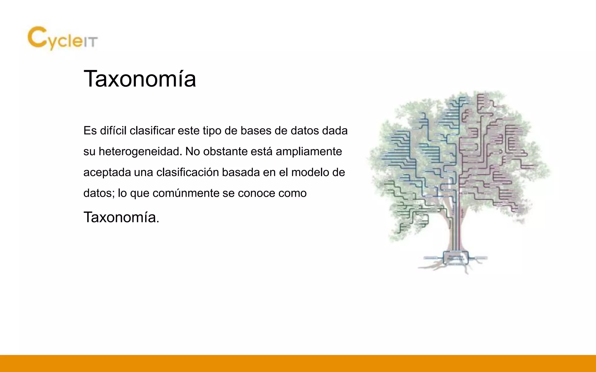 Taxonomía
Es difícil clasificar este tipo de bases de datos dada
su heterogeneidad. No obstante está ampliamente
aceptada una clasificación basada en el modelo de
datos; lo que comúnmente se conoce como
Taxonomía.
 