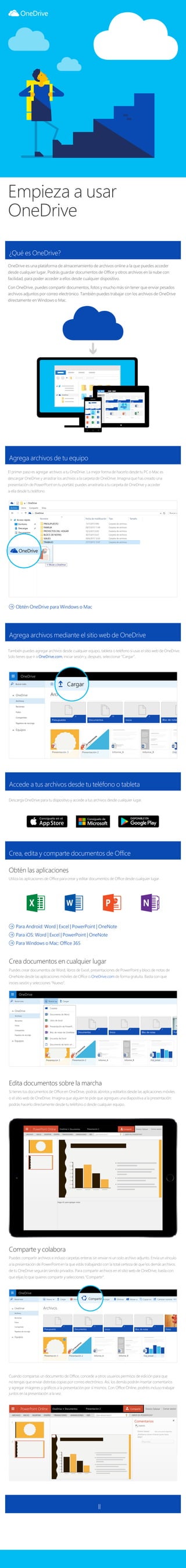 Buscar en OneDriv
Bloc de notas
Doc_estad
Cerrar sesión
OneDrive
OneDrive
Archivo Inicio
Acceso rápido
Buscar todo
Buscar todo
OneDrive Archivos
Cargar
Equipos
Equipos
OneDrive
OneDrive
OneDrive
Nuevo
Carpeta
Documento de Word
Libro de Excel
Presentación de PowerP...
Bloc de notas de OneNote
Encuesta de Excel
Documento de texto sin ...
Cargar
Archivos
Recientes
Presupuesto Documentos Inicio
2123
Fotos
Compartido
Papelera de reciclaje
Presentación 3 Presentación 2 Informe_A Informe_B
Escritorio 13/7/2015 8:42 Carpeta de archivos
Carpeta de archivos
Carpeta de archivos
Carpeta de archivos
Carpeta de archivos
Carpeta de archivos
28/7/2015 11:40
10/3/2015 8:43
30/7/2015 8:37
30/6/2015 12:43
27/7/2015 15:47
Descargas
Documentos
Mover a OneDrive
PRESUPUESTO
FAMILIA
PROYECTOS DEL HOGAR
BLOCS DE NOTAS
VIAJES
TRABAJO
Nombre Fecha de modificación Tipo Tamaño
Compartir Vista
Archivos
Recientes
Fotos
Compartido
Papelera de reciclaje
ARCHIVO INICIO INSERTAR DISEÑO
OneDrivePowerPoint Online Documentos Presentación 2 Compartir Sinesio Salazar
¿Qué desea hacer? ABRIR EN POWERPOINTTRANSICIONES
Haga clic para agregar notas
2
1
ANIMACIONES VER
Documentos
Presentación 3 Presentación 2 Informe_A Informe_B Doc_estad
Inicio Bloc de notas
2212
Fotos
OneDrive
Equipos
Nuevo Cargar Abrir Descargar Eliminar Mover a Copiar en Cambiar nombreCompartir
Archivos
Archivos
Buscar todo
Recientes
Fotos
Compartido
Papelera de reciclaje
Documentos Inicio Bloc de notas Fotos
22123
Presupuesto
Presentación 3 Presentación 2 Informe_A Informe_B Doc_estad
ARCHIVO INICIO INSERTAR DISEÑO
OneDrivePowerPoint Online Documentos Presentación 2 Compartir Sinesio Salazar
¿Qué desea hacer? ABRIR EN POWERPOINT
NUEVO
Sinesio Salazar
Responder...
hace unos pocos segundos
¿Podríamos mover el tercer punto hacia
abajo?
Comentarios
Cerrar sesión
TRANSICIONES ANIMACIONES VER
2
1
OneDrive
Empieza a usar
OneDrive
OneDrive es una plataforma de almacenamiento de archivos online a la que puedes acceder
desde cualquier lugar. Podrás guardar documentos de Office y otros archivos en la nube con
facilidad, para poder acceder a ellos desde cualquier dispositivo.
Con OneDrive, puedes compartir documentos, fotos y mucho más sin tener que enviar pesados
archivos adjuntos por correo electrónico. También puedes trabajar con los archivos de OneDrive
directamente en Windows o Mac.
El primer paso es agregar archivos a tu OneDrive. La mejor forma de hacerlo desde tu PC o Mac es
descargar OneDrive y arrastrar los archivos a la carpeta de OneDrive. Imagina que has creado una
presentación de PowerPoint en tu portátil; puedes arrastrarla a tu carpeta de OneDrive y acceder
a ella desde tu teléfono.
También puedes agregar archivos desde cualquier equipo, tableta o teléfono si usas el sitio web de OneDrive.
Solo tienes que ir a OneDrive.com, iniciar sesión y, después, seleccionar “Cargar”.
Obtén las aplicaciones
Utiliza las aplicaciones de Office para crear y editar documentos de Office desde cualquier lugar.
Crea documentos en cualquier lugar
Puedes crear documentos de Word, libros de Excel, presentaciones de PowerPoint y blocs de notas de
OneNote desde las aplicaciones móviles de Office o OneDrive.com de forma gratuita. Basta con que
inicies sesión y selecciones “Nuevo”.
Edita documentos sobre la marcha
Si tienes tus documentos de Office en OneDrive, podrás abrirlos y editarlos desde las aplicaciones móviles
o el sitio web de OneDrive. Imagina que alguien te pide que agregues una diapositiva a la presentación:
podrás hacerlo directamente desde tu teléfono o desde cualquier equipo.
Comparte y colabora
Puedes compartir archivos e incluso carpetas enteras sin enviar ni un solo archivo adjunto. Envía un vínculo
a la presentación de PowerPoint en la que estás trabajando con la total certeza de que los demás archivos
de tu OneDrive seguirán siendo privados. Para compartir archivos en el sitio web de OneDrive, basta con
que elijas lo que quieres compartir y selecciones “Compartir”.
Cuando compartas un documento de Office, concede a otros usuarios permisos de edición para que
no tengas que enviar distintas copias por correo electrónico. Así, los demás podrán insertar comentarios
y agregar imágenes y gráficos a la presentación por sí mismos. Con Office Online, podréis incluso trabajar
juntos en la presentación a la vez.
Descarga OneDrive para tu dispositivo y accede a tus archivos desde cualquier lugar.
¿Qué es OneDrive?
Agrega archivos de tu equipo
Agrega archivos mediante el sitio web de OneDrive
Accede a tus archivos desde tu teléfono o tableta
Obtén OneDrive para Windows o Mac
Para Android: Word | Excel | PowerPoint | OneNote
Para iOS: Word | Excel | PowerPoint | OneNote
Para Windows o Mac: Office 365
Crea, edita y comparte documentos de Office
Para obtener más información, echa un vistazo a
¿Dónde puedo obtener más detalles?
OneDrive.com/about
OneDrive
 