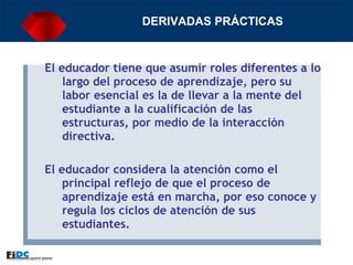 DERIVADAS PRÁCTICAS El educador tiene que asumir roles diferentes a lo largo del proceso de aprendizaje, pero su labor esencial es la de llevar a la mente del estudiante a la cualificación de las estructuras, por medio de la interacción directiva. El educador considera la atención como el principal reflejo de que el proceso de aprendizaje está en marcha, por eso conoce y regula los ciclos de atención de sus estudiantes. 