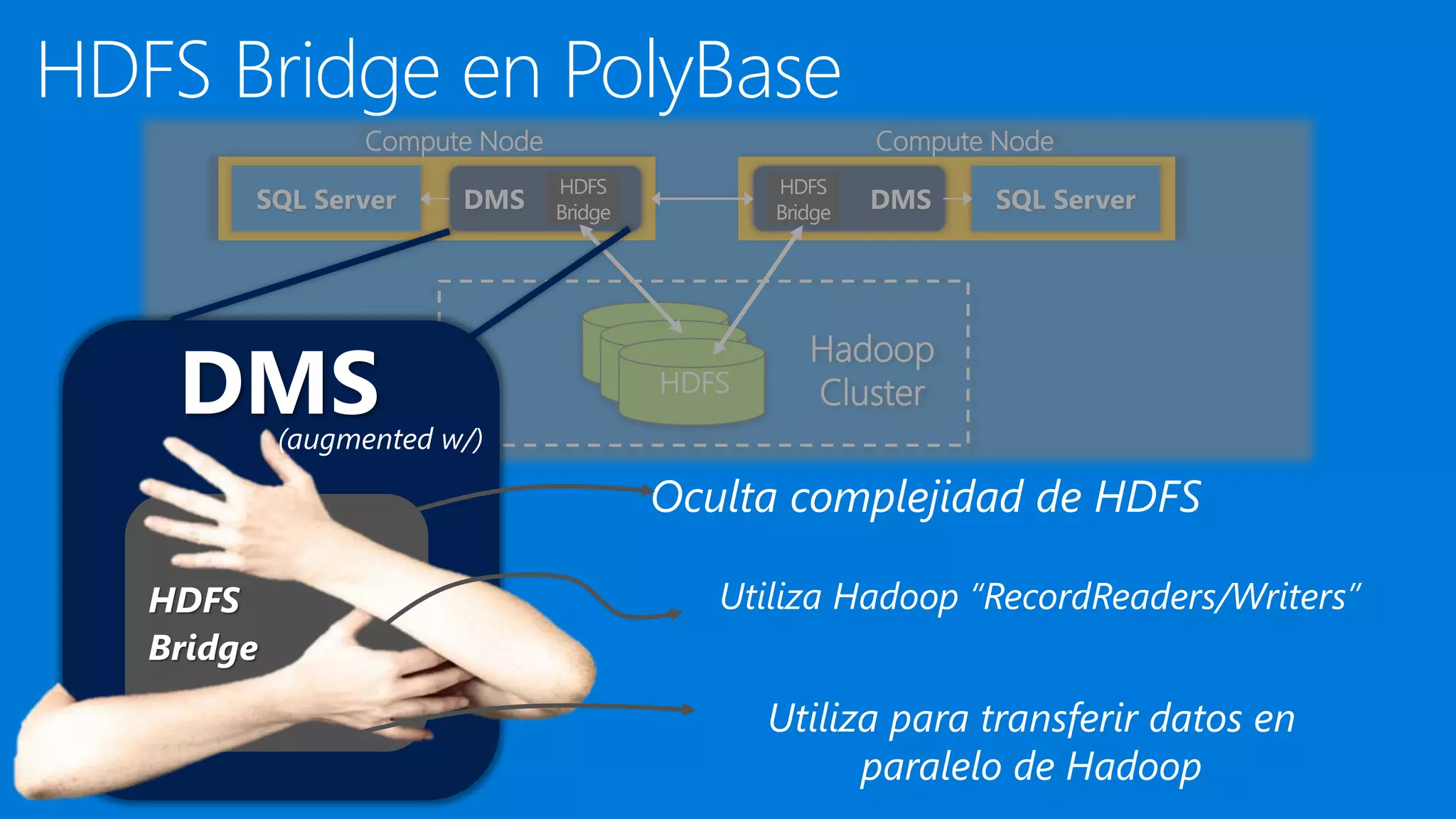 HDFS Hadoop
Cluster
HDFS
HDFS
DMS
SQL Server DMS SQL Server
HDFS
Bridge
HDFS
Bridge
Compute Node Compute Node
HDFS Bridge en PolyBase
DMS
HDFS
Bridge
(augmented w/)
Oculta complejidad de HDFS
Utiliza Hadoop “RecordReaders/Writers”
Utiliza para transferir datos en
paralelo de Hadoop
 
