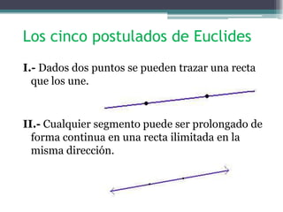 Los cinco postulados de Euclides
I.- Dados dos puntos se pueden trazar una recta
que los une.
II.- Cualquier segmento puede ser prolongado de
forma continua en una recta ilimitada en la
misma dirección.
 