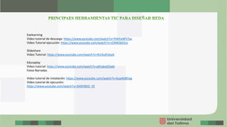 Exelearning
Video tutorial de descarga: https://www.youtube.com/watch?v=YHkPa48Tr5w
Video Tutorial ejecución: https://www.youtube.com/watch?v=cCNNiSbt5ro
Slideshare
Video Tutorial: https://www.youtube.com/watch?v=AI1XuIh3eaA
Educaplay
Video tutorial: https://www.youtube.com/watch?v=pfUqkxGOqkI
Fotos Narradas
Video tutorial de instalación: https://www.youtube.com/watch?v=6ujefe8Etag
Video tutorial de ejecución:
https://www.youtube.com/watch?v=3i45F8DO_YE
 
