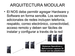 ARQUITECTURA MODULAR
• El NOS debe permitir agregar Hardware y
Software en forma sencilla. Los servicios
adicionales de redes incluyen telefonía,
respaldo, correo electrónico, conectividad,
acceso remoto y deben ser fáciles de
instalar y configurar a través de la red

Sistemas Operativos y
Aplicaciones capaces de
Crecer con las plataformas

 