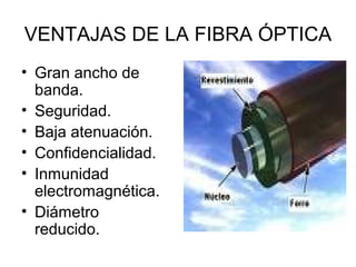 VENTAJAS DE LA FIBRA ÓPTICA
• Gran ancho de
banda.
• Seguridad.
• Baja atenuación.
• Confidencialidad.
• Inmunidad
electromagnética.
• Diámetro
reducido.

 
