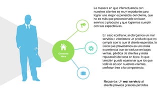 La manera en que interactuamos con
nuestros clientes es muy importante para
lograr una mejor experiencia del cliente, que
no es más que proporcionarle un buen
servicio o producto y que logremos cumplir
con sus expectativas.
En caso contrario, si otorgamos un mal
servicio o vendemos un producto que no
cumpla con lo que el cliente esperaba, lo
único que provocamos es una mala
experiencia que se traduce en bajas
ventas, pérdida de clientes y mala
reputación de boca en boca, lo que
también puede ocasionar que los que
todavía no son nuestros clientes,
prefieran irse a la competencia.
Recuerda: Un mal servicio al
cliente provoca grandes pérdidas
Contents
Here
 