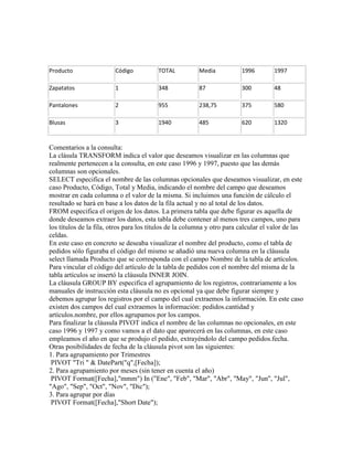 Producto                 Código          TOTAL           Media           1996        1997

Zapatatos                1               348             87              300         48

Pantalones               2               955             238,75          375         580

Blusas                   3               1940            485             620         1320


Comentarios a la consulta:
La clásula TRANSFORM indica el valor que deseamos visualizar en las columnas que
realmente pertenecen a la consulta, en este caso 1996 y 1997, puesto que las demás
columnas son opcionales.
SELECT especifica el nombre de las columnas opcionales que deseamos visualizar, en este
caso Producto, Código, Total y Media, indicando el nombre del campo que deseamos
mostrar en cada columna o el valor de la misma. Si incluimos una función de cálculo el
resultado se hará en base a los datos de la fila actual y no al total de los datos.
FROM especifica el origen de los datos. La primera tabla que debe figurar es aquella de
donde deseamos extraer los datos, esta tabla debe contener al menos tres campos, uno para
los títulos de la fila, otros para los títulos de la columna y otro para calcular el valor de las
celdas.
En este caso en concreto se deseaba visualizar el nombre del producto, como el tabla de
pedidos sólo figuraba el código del mismo se añadió una nueva columna en la cláusula
select llamada Producto que se corresponda con el campo Nombre de la tabla de artículos.
Para vincular el código del artículo de la tabla de pedidos con el nombre del misma de la
tabla artículos se insertó la cláusula INNER JOIN.
La cláusula GROUP BY especifica el agrupamiento de los registros, contrariamente a los
manuales de instrucción esta cláusula no es opcional ya que debe figurar siempre y
debemos agrupar los registros por el campo del cual extraemos la información. En este caso
existen dos campos del cual extraemos la información: pedidos.cantidad y
artículos.nombre, por ellos agrupamos por los campos.
Para finalizar la cláusula PIVOT indica el nombre de las columnas no opcionales, en este
caso 1996 y 1997 y como vamos a el dato que aparecerá en las columnas, en este caso
empleamos el año en que se produjo el pedido, extrayéndolo del campo pedidos.fecha.
Otras posibilidades de fecha de la cláusula pivot son las siguientes:
1. Para agrupamiento por Trimestres
 PIVOT "Tri " & DatePart("q",[Fecha]);
2. Para agrupamiento por meses (sin tener en cuenta el año)
 PIVOT Format([Fecha],"mmm") In ("Ene", "Feb", "Mar", "Abr", "May", "Jun", "Jul",
"Ago", "Sep", "Oct", "Nov", "Dic");
3. Para agrupar por días
 PIVOT Format([Fecha],"Short Date");
 